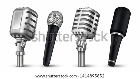 Realistic microphones. 3D studio and scene audio equipment, vintage and modern metal mics isolated on white. Vector design blog recording metal objects
