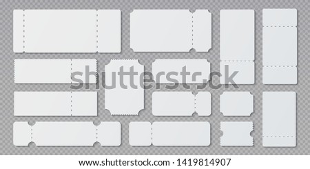 Empty ticket templates. Lottery coupon mockup, blank concert and movie ticket layouts. Vector ruffle edge different theater white tickets closeups