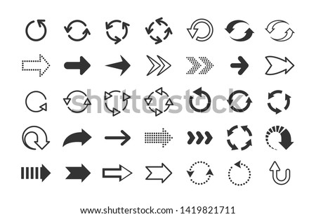 Black arrows. Circle and line direction symbols, flat pointers cursors and next page signs. Vector up down left right refresh motion arrow set
