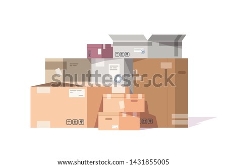 Cardboard boxes stack. Carton parcels and delivery packages pile, flat warehouse goods and cargo transportation. Vector isolated sealed boxes on white background