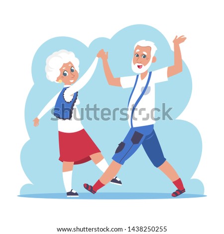 Old couple dancing. Cartoon happy granny and grandpa dancing, flat elderly people characters. Vector isolated active grandfather and grandmother on white background