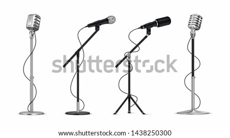 Realistic microphones. 3D professional metal mics with wire on holder, stand-up and blogging equipment. Vector vintage silver and black singer mic set
