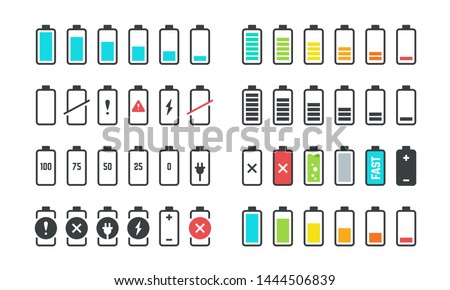 Battery icons. Phone charge level, UI design elements of battery percentage, full low and empty battery status. Vector isolated set phone power from low to full charging