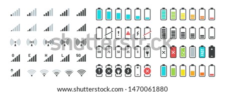 Battery and signal icons. Line and black phone charge status, gsm and wifi signal strength, smartphone UI symbols. Vector illustration indicators for technology gadgets