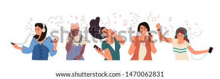 People with headphones. Yong boys and girls listen to music and enjoy sound. Vector illustration hand drawn cartoon characters set listening audio through earphone