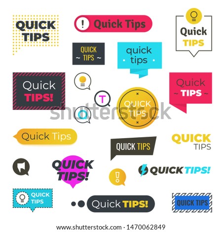 Quick tips logos and banners. Helpful tricks shapes, advices and suggestions emblems. Vector information label guide for help solution set