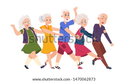 Old people dancing. Diverse elderly cartoon characters dancing a conga line, happy funny persons. Vector illustration active grandparents isolated set on white background