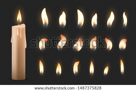 Realistic candles. 3D burning celebration wax candles with different small glowing flames. Vector fire illumination birthday party, church candles set on black transparent background