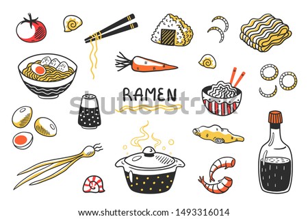 Doodle Ramen. Chinese hand drawn noodle soup with food sticks bowls and ingredients. Vector Asian food sketch set with egg noodles and other cooking products