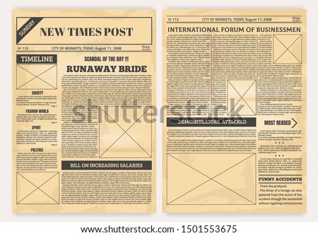 Vintage newspaper. Old realistic pages with headers and place for pictures, retro article layout. Vector illustration background text print page with newsprint media