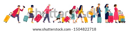 Travelers group. Tourists in line baggage and suitcases, men women and children in airport queue. Vector illustration flat colorful image hurrying happy people