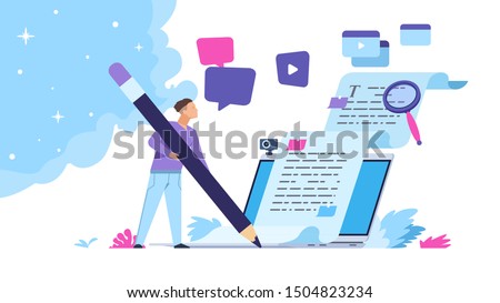 Content writer. Blog articles creation concept with people characters, freelance work business and marketing. Vector illustration creative online blog image with pencil and essays