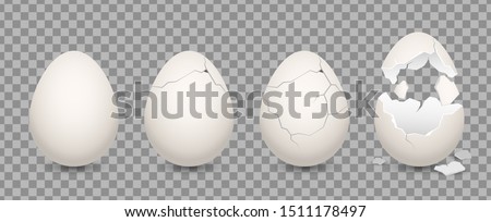 Cracked egg. Cartoon 3d realistic chicken broken eggs with cracks and smithers. Vector illustration culinary ingredient set on transparent background