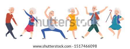Old dancing people. Cartoon happy older characters, group of senior age persons having good time. Vector elderly flat funny friends grandparents on music party