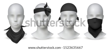 Realistic black bandana. Handkerchief or buff on white mannequin, biker blank head scarf or bandage template. Vector illustration isolated fashion mockup set for tourists gangsters on white background