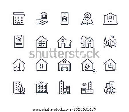 House line icons. Town houses city buildings and constructions, homepage browser interface icons. Vector illustration real estate symbols residential area and homes security key sign set