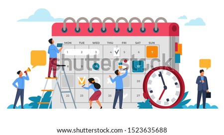 People planning concept. Entrepreneurship and calendar schedule planning with filling course campaign. Vector illustrations business meeting and events organizing process office working
