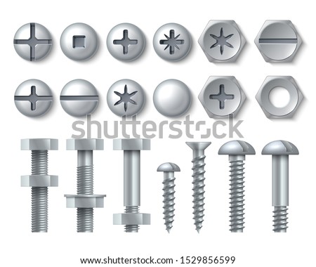 Metal bolt and screw. Realistic steel nails, rivets and stainless self-tapping screw heads with nuts and washers. Vector illustration repair set isolate fasteners for equipment tool and furniture