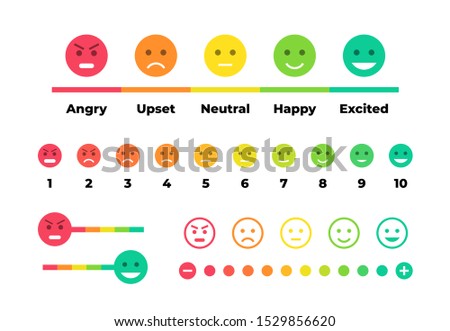 Satisfaction rating. Feedback scale with emoticon faces, bad to good user experience. Vector set of emoticons with different moods for feedback with customer using with signs