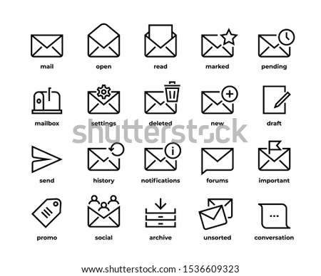Email line icons. Application UI envelope symbols, create new mail, delete send favorite and notification. Vector illustration outline e-mail set through message in envelope and mailbox