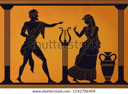 Ancient Greece scene. Antic vase with silhouettes of mythology characters and gods, Vector legendary Greek people mythological pattern old culture with woman and man in toga with lyre and amphora