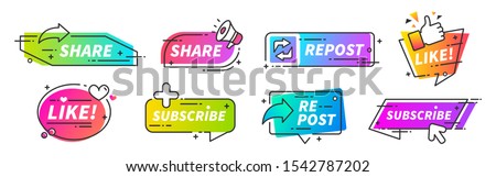 Like and share banner. Social media thumb up share and repost buttons for vlogs, blogs and video channel. Vector SMM marketing recommends style fillings icons for social fillings