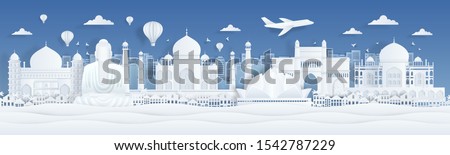 Paper cut India. Travel famous landmarks of India with clouds birds and plane in paper design. Vector banner with city panorama with art illustration landscape mumbai and flight in airplane