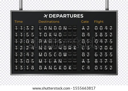 Airport mechanical scoreboard. Realistic equipment board message departures and arrivals flight. Flipping departure countdown. Vector illustration 3d schedule arriving train for travel