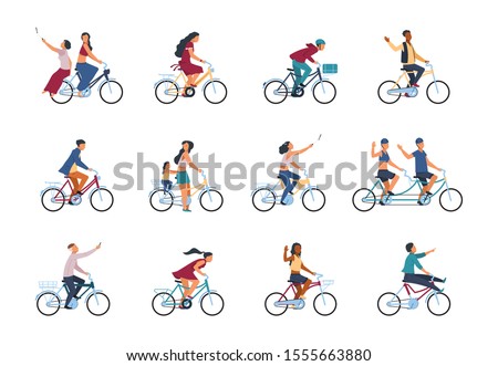 People on bike. Diverse active adults people characters riding on bicycle isolated on white background. Vector cartoon colour group of people with smartphone take photo