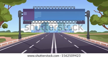 Cartoon highway. Empty road with city skyline on horizon and nature landscape, highway view. Vector scene with road to city with information board, illustration asphalt road without people and cars