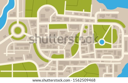 City navigation map. Flat plan of streets parks and river with top view, simple cartoon city map. Vector illustration downtown pattern with beautiful mapping image town squares, square