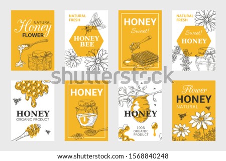 Honey sketch poster. Honeycomb and bees flyer set, organic food design, beehive, jar and flowers layout.  hand drawn image natural elements beeswax