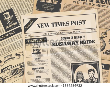 Vintage newspaper. Retro newsprint backdrop or magazine page with grunge texture and old headers. Vector editorial ancient paper news printing template for vintage design cafe and creative background