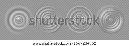 Water ripple. Realistic caustic drop or sound wave splash effects, concentric circles in puddle. Vector set round wave surfaces on transparent background