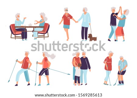 Old people. Cartoon hand drawn elderly persons and couples, grandparents in different activities. Flat style vector happy senior age people, male and female exercise in older age