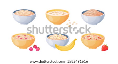 Oat bowls. Cartoon porridge with strawberries and bananas, boiled cereals and healthy food. Vector flat cooking oatmeal cereal seeds bowls on white