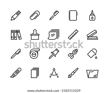 Stationery line icons. School and office supplies with pen pencil scissor folder glue and stickers. Vector paper duct tape and ruler set, stickers, eraser, clips, brush, notebook