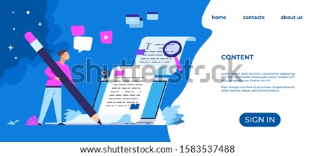 Content writer landing page. Blog articles and media creation concept, online freelance journalist. Vector web page freelancer copying publishing creative writing