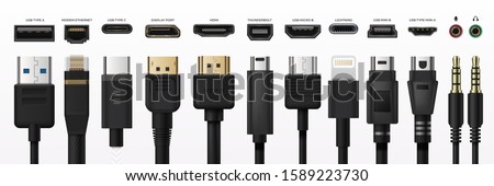 Socket usb plug in. Type-c port USB connector replacing type A micro and mini USB, 3, 5 mm jack charge connector, hand drawn MI and display port. Vector set phone jacks typing cabling illustration