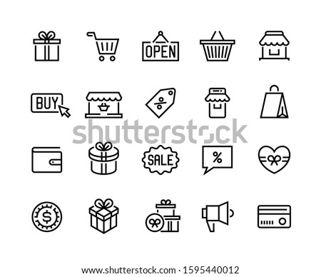 Shopping line icons. Online store and e-commerce symbols, mobile shopping and digital marketing. Vector illustrated outlines labels shop bag, basket and gift set store mobile pictogram