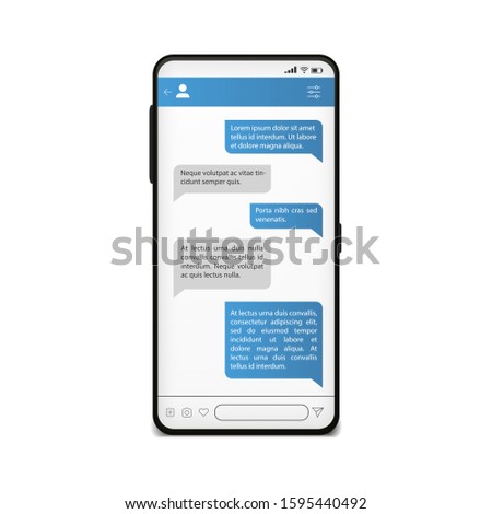 Chat on phone screen. Mobile messenger template. Social network mock up with message using in dialogue. Vector cellphone template concept chatting technology