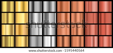 Metal gradients. Realistic golden silver steel copper bronze and brass shiny foil textures, border and frame elements. Vector set illustrations glitter effect coloured metallic ribbon