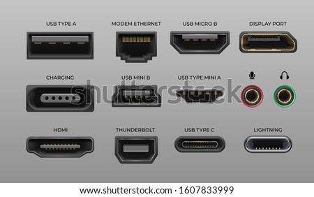 Connector and ports. USB type A and type C, video ports hand drawnMI DVI and Displayport, audio coaxial, lightning vector ports, universal elements pc connectors