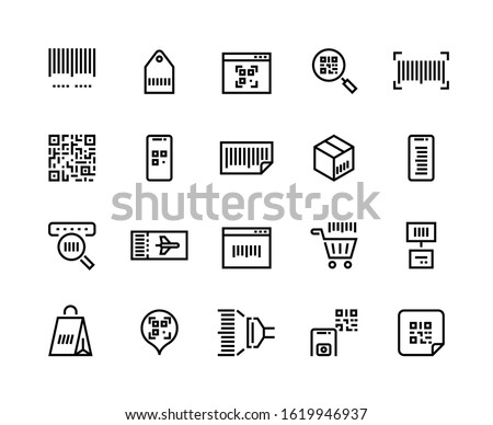 Barcodes line icons. Ticket with QR code and mobile application with price tags, product label and barcode scanner vector set. Sign or symbol scanning stamp for logistics distribute delivery