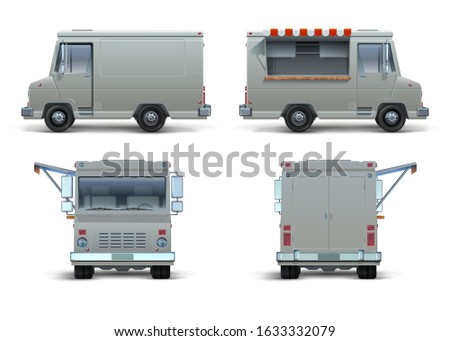 Food truck mockup. Realistic delivery car or mobile kitchen with open window for brand identity. Vector blank isolated set of street food truck on white background like restaurant commercial brand