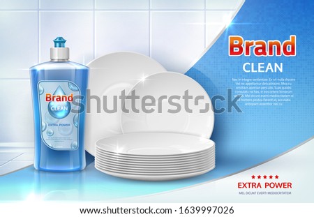 Dish wash ad. Realistic advertising background with clear plates and liquid dishwashing soap product. Vector household concept for label or banner detergent