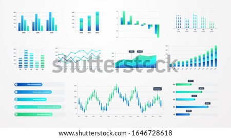 Histogram charts. Business infographic template with stock diagrams and statistic bars, line graphs and charts for presentation and finance report. Vector set charting on dashboard