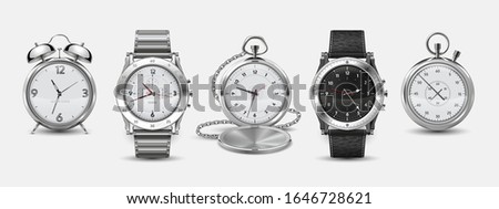 Realistic watches. 3D square and round wall clock, wrist watches, alarm and chronometer with metallic and plastic bezels and dials. Vector set hour pointer for wall or hand
