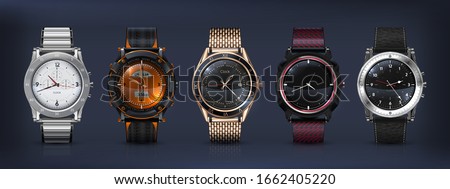 Realistic wrist watches. 3D classic and modern business watches with chronograph, metal and leather bracelet and different clockworks faces. Vector set style modern men watch 商業照片 © 