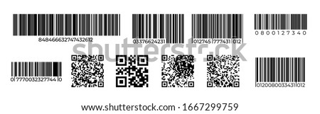 Barcodes. QR code product identification mark, price tag for laser scan, retail number code. Vector scanning unique stripped barcode symbols set